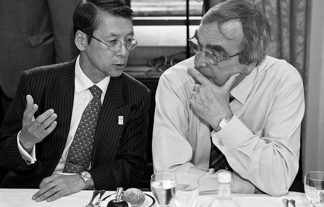 Roger has a discussion with the Japanese Ambassador, Mr Keiichi Hayashi, at a recent meeting of the Japan Group 3rd July 2013.