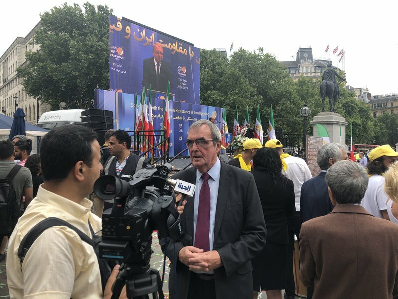 Speaking at the Free Iran Rally at Trafalgar Square, July 2019.